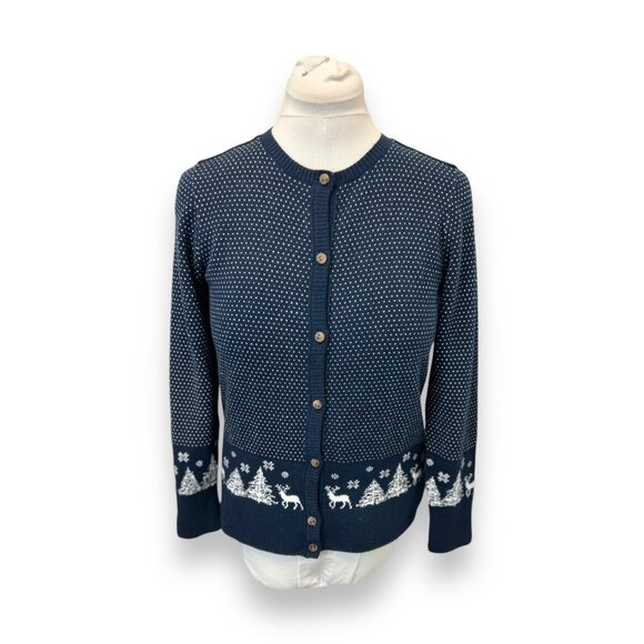 L.L. Bean XSP Navy Holiday Cardigan Sweater Snowflakes/Reindeer 5% Cashmere - Picture 2 of 10